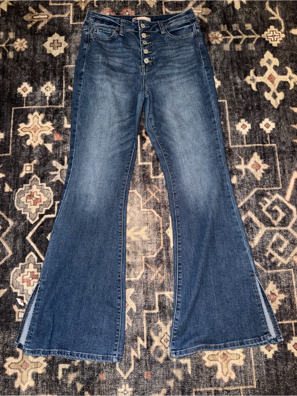 SO Button-Front Flare Jeans in Medium Blue
